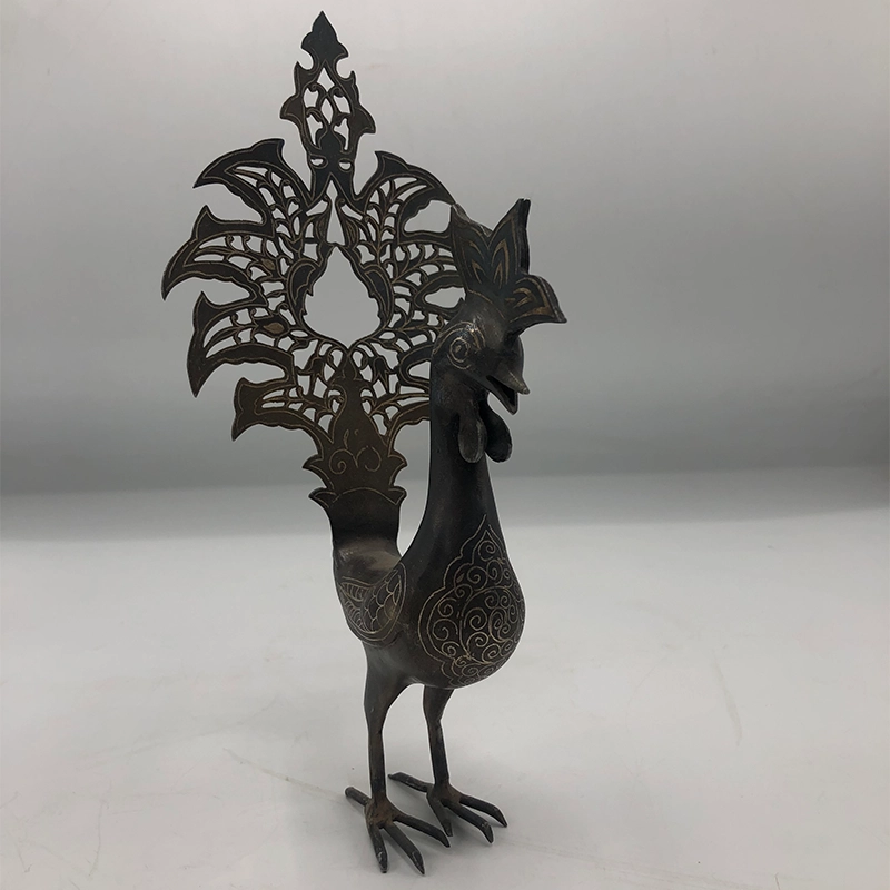 Silver-Damascened-Steel-Rooster مجسمه دست ساز خروس فلزی نقره کوب با طرح سنتی