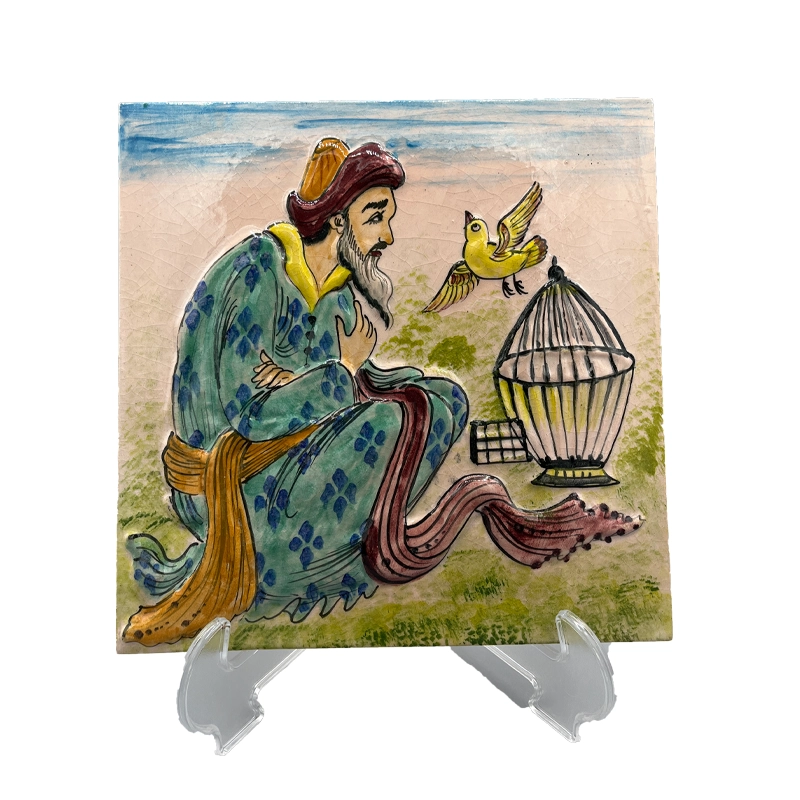 21 کاشی سرامیکی دست ساز نقش برجسته پیرمرد و پرنده