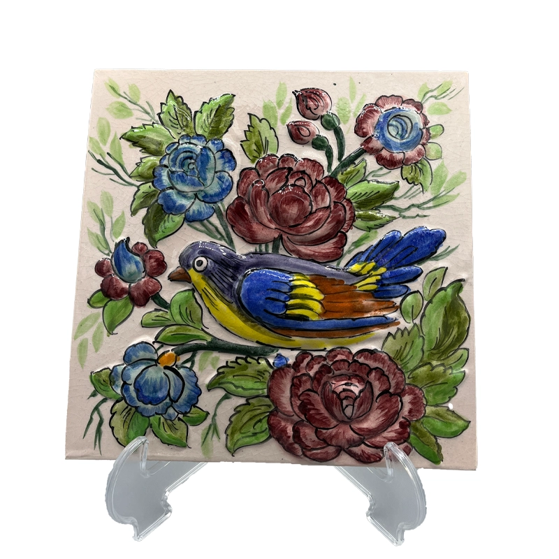 کاشی سرامیکی دست ساز نقش برجسته گل و مرغ
