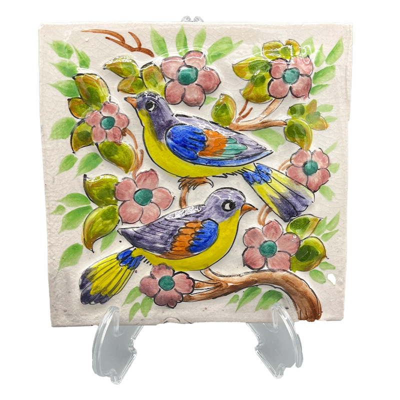32 کاشی سرامیکی دست ساز نقش برجسته گل و مرغ