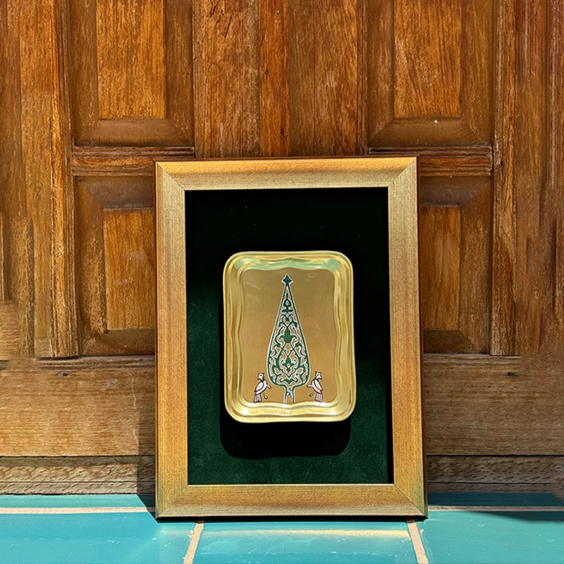 Brass Frame with hand-painted Cypress Artwork تابلو برنجی با طرح دست ساز سرو