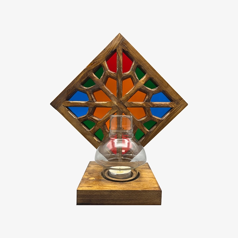 Decorative Candle Holder with Wooden Girih Tile and Stained Glass جاشمعی گره چینی دست ساز چوبی