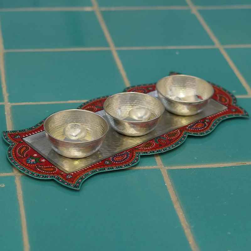 Handmade Copper Serving Dish with Enamel Pateh Painting