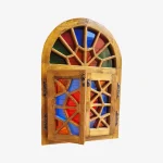 پنجره دست‌ ساز گره‌ چینی با شیشه رنگی