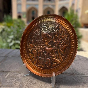 سینی قلم زنی مسی طرح گل و مرغ