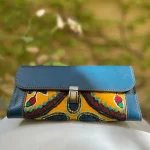 کیف چرمی دست ساز پته دوزی زرد و آبی