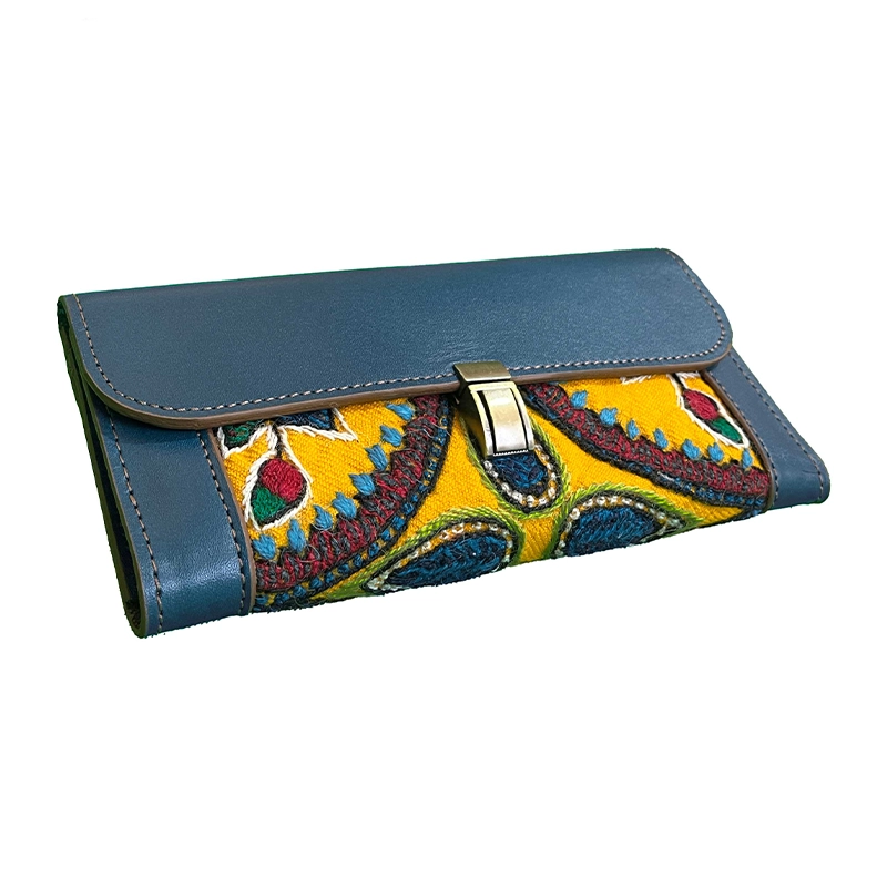 کیف چرمی دست ساز پته دوزی زرد و آبی