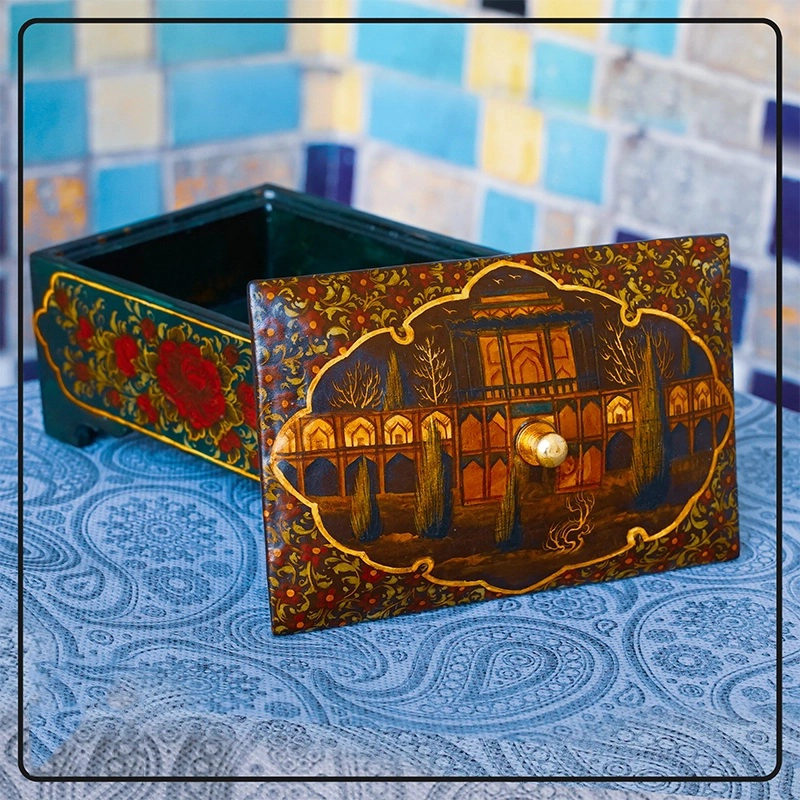 جعبه دست ساز پاپیه ماشه با نقاشی مینیاتوری بنای تاریخی