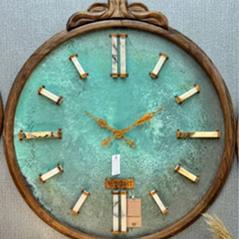 Handmade CrystalShafaq Wall Clock with Copper-Bronze Oxide and Polished Rare Stone Inlays ساعت دیواری دست ساز مدل شفق کریستال