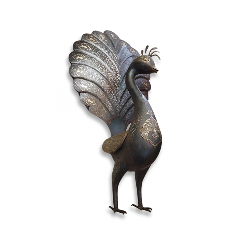 Large-Silver-Damascened-Peacock مجسمه دست ساز طاووس بزرگ نقره کوب