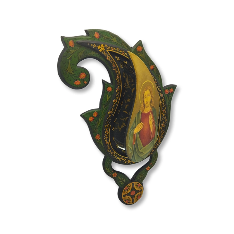 آینه دست ساز پاپیه ماشه طرح عیسی مسیح با نقوش بته‌ جقه