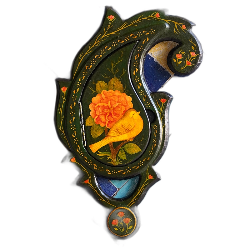 Papier-Mache-Mirror-with-Paisley-Floral-Bird-Miniature-Painting01 آینه دست ساز پاپیه ماشه طرح بته جقه با نقاشی مینیاتوری