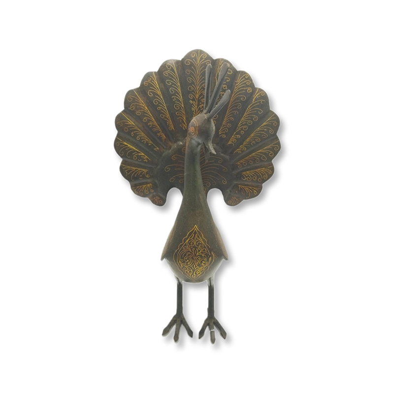 مجسمه دست ساز طاووس فلزی نقره کوب
