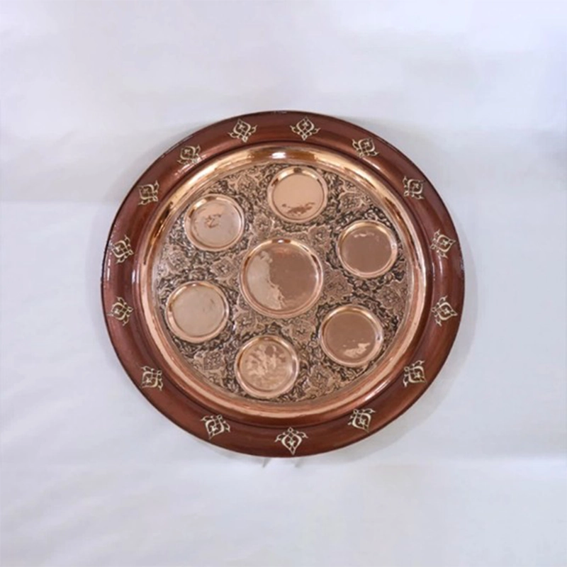 سینی مسی معرق کاری با لبه چوبی