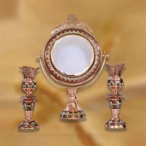 ست آینه و شمعدان مسی معرق کاری نقش زرین