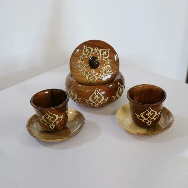 marquetry-wooden-coffee-set ست قهوه خوری چوبی معرق کاری با قندان درب دار