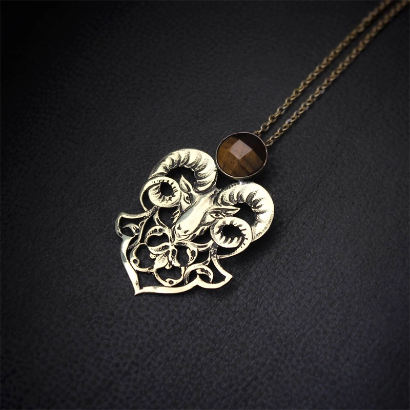 Handmade Brass Ram Necklace with Tiger Eye Stone گردنبند دست ساز برنجی طرح قوچ با سنگ چشم ببر