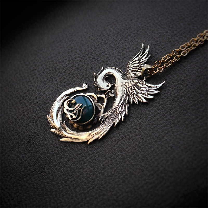 Handmade Brass Simurgh Necklace with Green Agate01 گردنبند دست ساز برنج و عقیق سبز