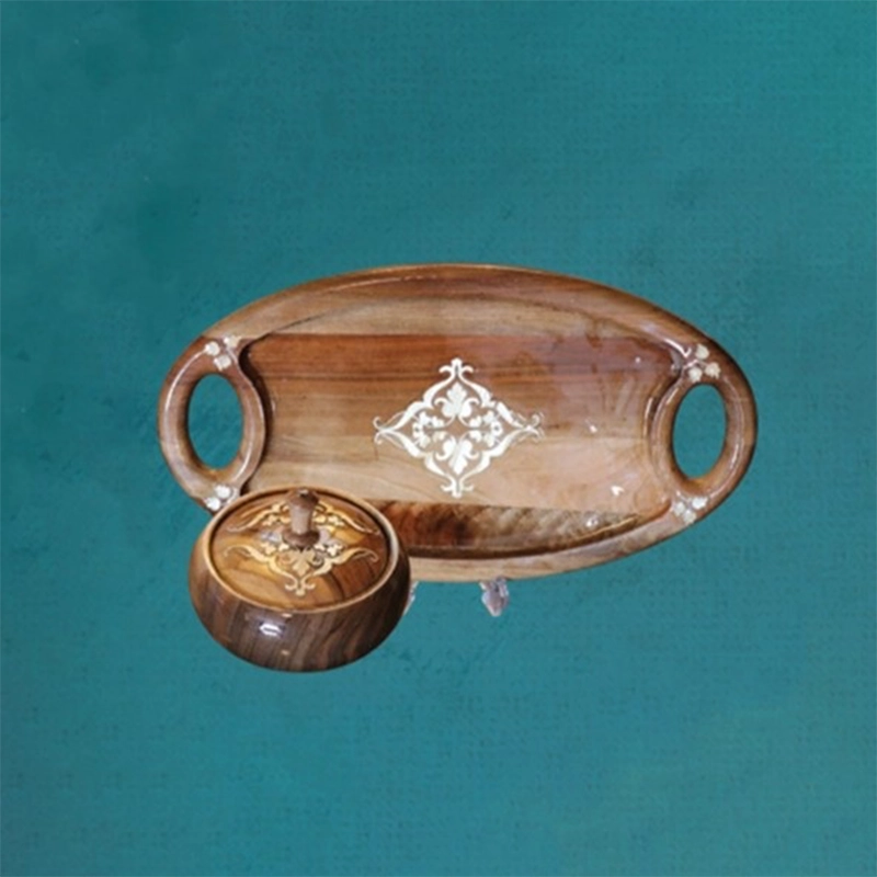 marquetry-wooden-set-of-mosaic-tray-and-dish ست چوبی سینی و آجیل خوری معرق کاری طرح سنتی
