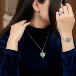 ست زیورآلات فیروزه‌ کوبی 5 تکه طرح برگ