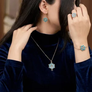 ست زیورآلات فیروزه‌ کوبی 5 تکه طرح برگ