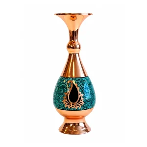 گلدان فیروزه‌ کوبی مسی طرح شعله نیلگون