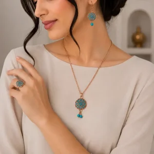 نیم ست فیروزه کوبی 4 تکه طرح گل فیروزه