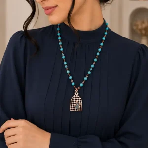 گردنبند فیروزه‌ کوبی طرح باغ فیروزه‌ای
