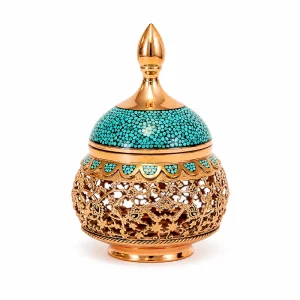 قندان مسی فیروزه‌ کوبی مشبک طرح نگار فیروزه