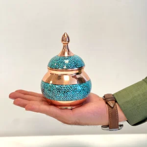 قندان فیروزه‌ کوبی مسی طرح آبی اصیل