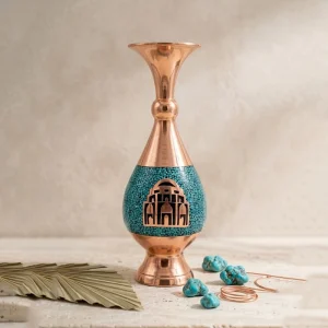 گلدان فیروزه کوبی مسی با جعبه طرح گنبد جبلیه