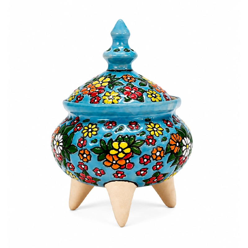01-turquoise-enamel-pottery-candy-dish شکلات خوری میناکاری سفالی طرح باغ فیروزه